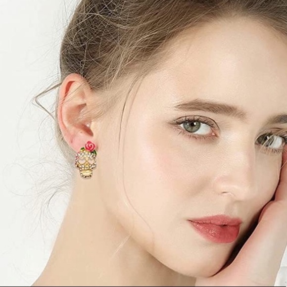 New! Sugar Skull Rhinestone Earrings - Picture 2 of 12